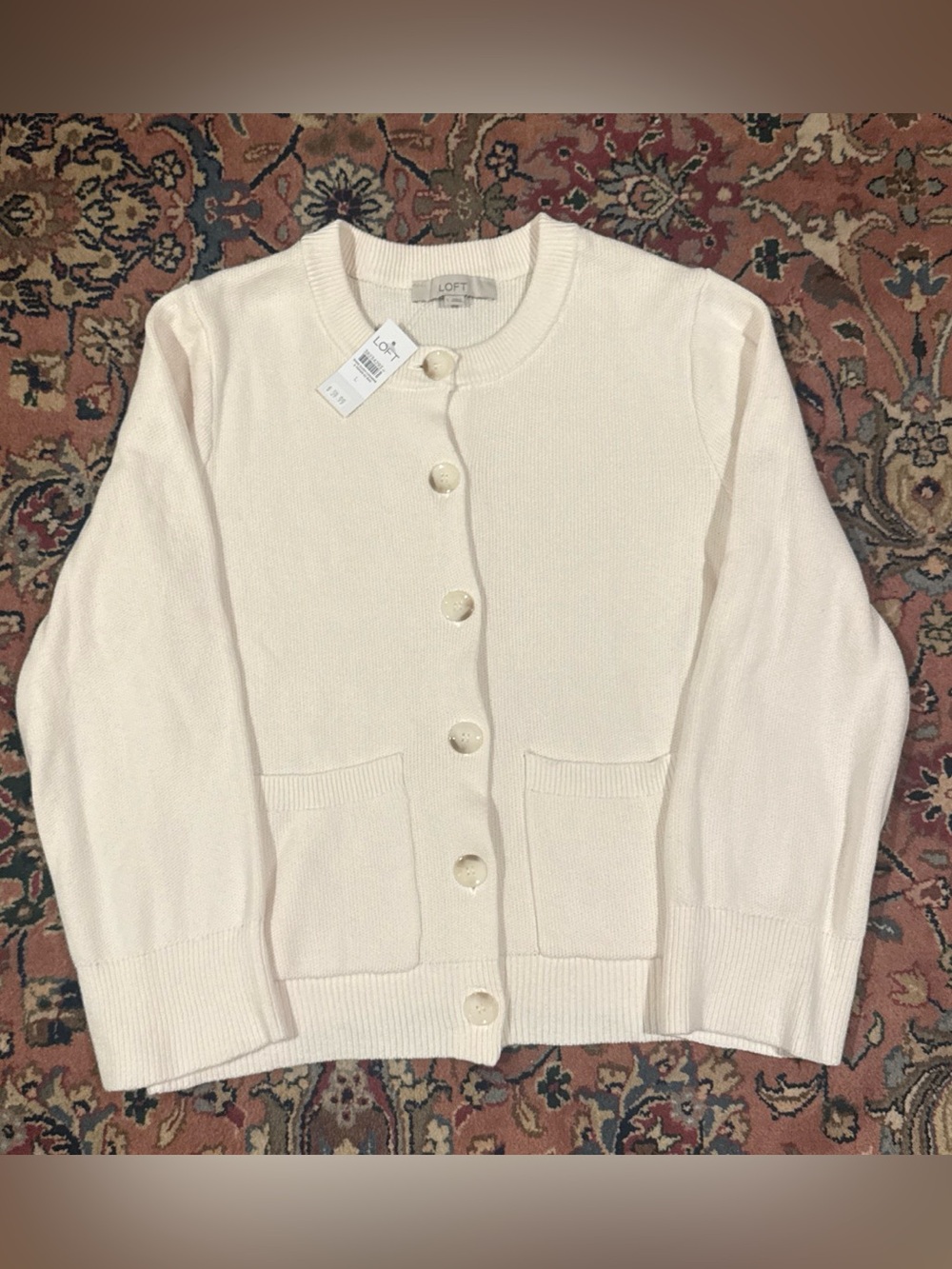 LOFT Cream Crewneck Button Cardigan with Front Pockets